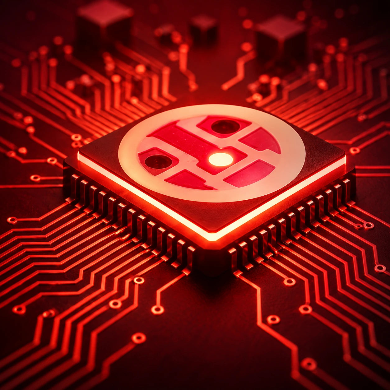 Illustration of a three-chip LED on a red-lit circuit board