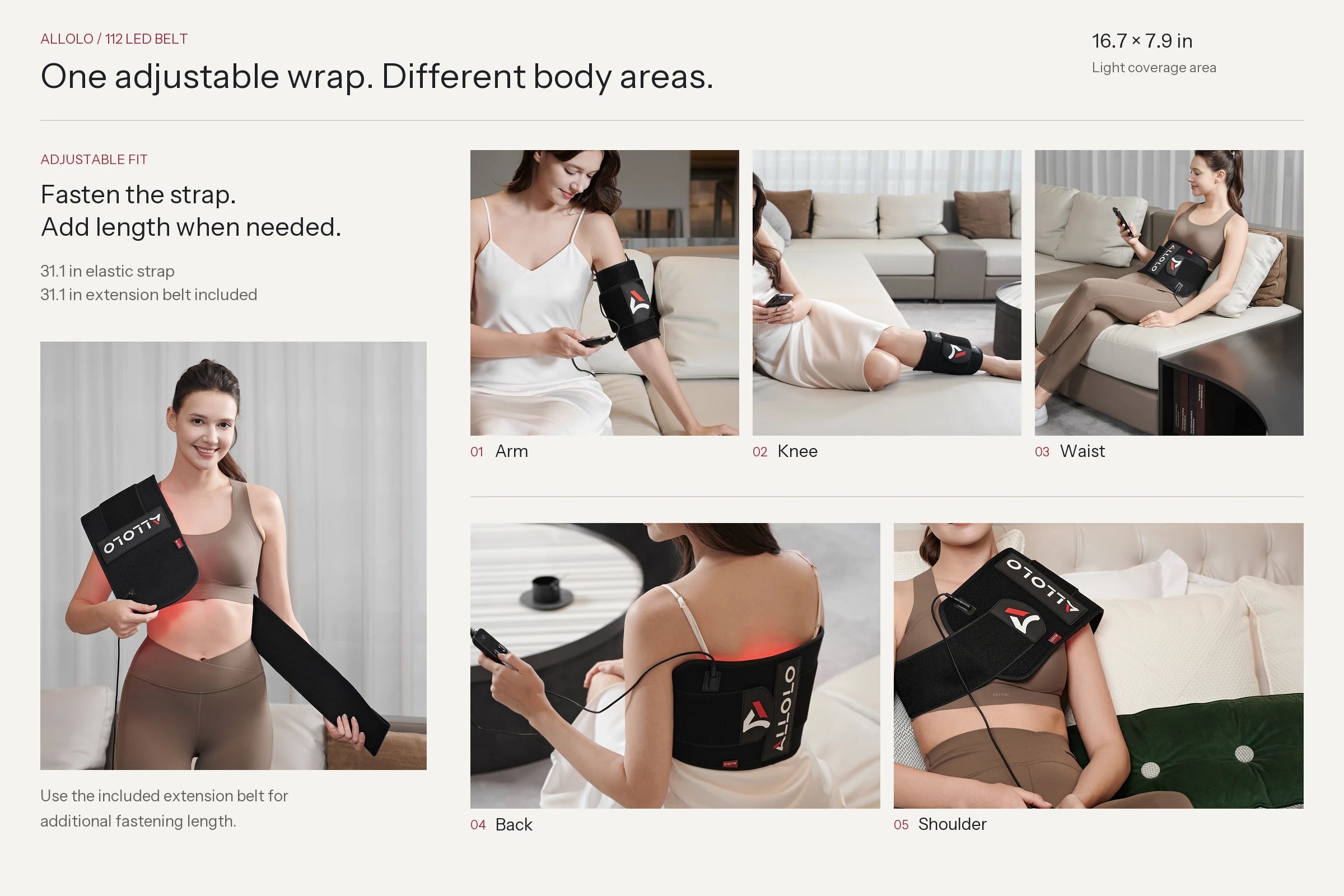 ALLOLO 112 LED belt shown on the knee, arm, waist, back and shoulder in original product photographs. Adjust the fastening strap and use the included extension belt when additional strap length is needed.